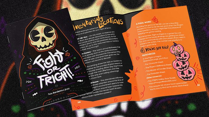 An open zine displaying the first pages of the Game Fight or Fright, featuring art of stacked pumpkins