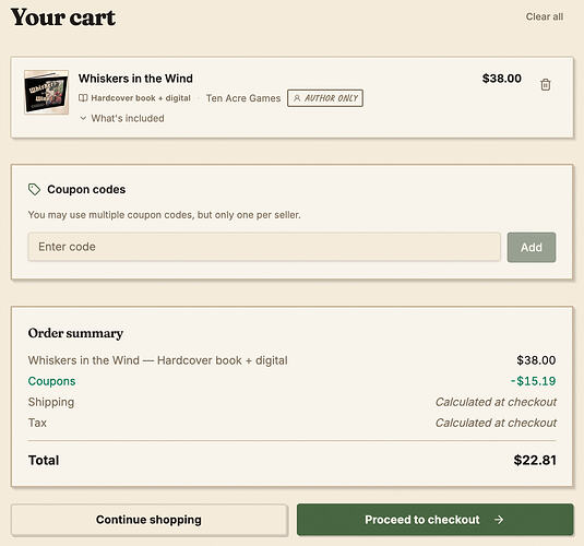 Physical book in the cart with reduction to cost price